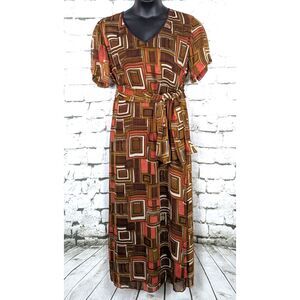 LOLA P. Vintage Geometric Print Maxi Dress Boho Hippie Retro Column Dress Large